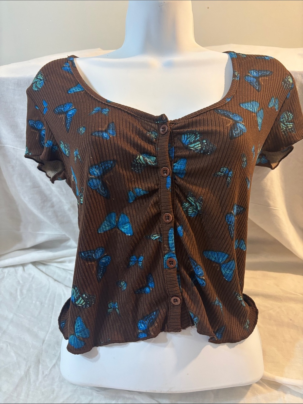 Brown Butterfly-Print Button Front Women's Top fitted flutter cap sleeve U